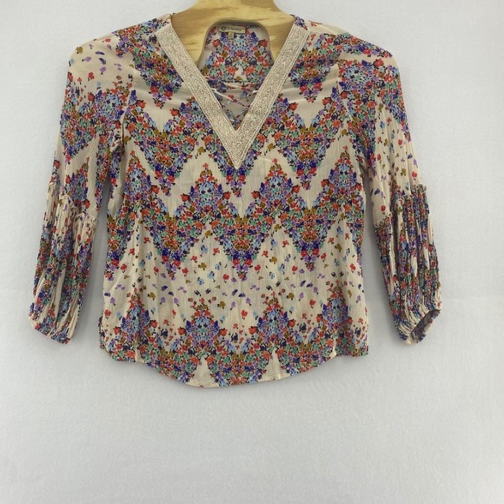 Democracy Floral Blouse Lace Up V Neck 3/4 Sleeve Multicolor Top Size L - Picture 2 of 9